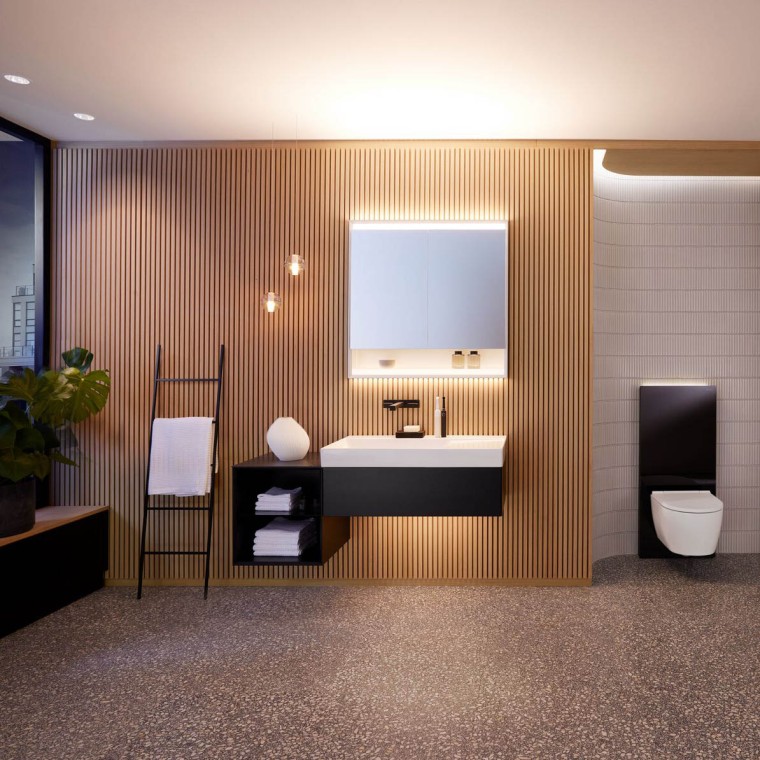 Ett badrum från Geberit i svart och trä Ett badrum från Geberit i svart och trä