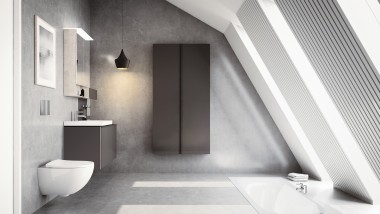 Modernt badrum med snedtak och Geberit Acanto badrumsmöbler