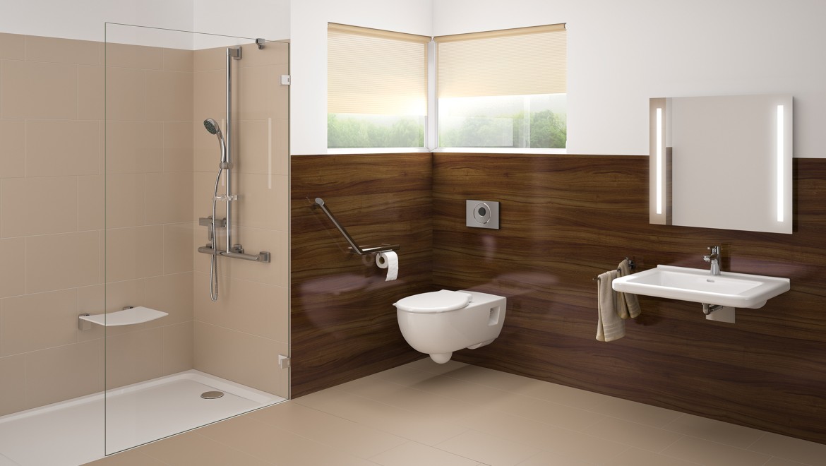Tillgänglighetsanpassat badrum med tvättställ, toalett och dusch