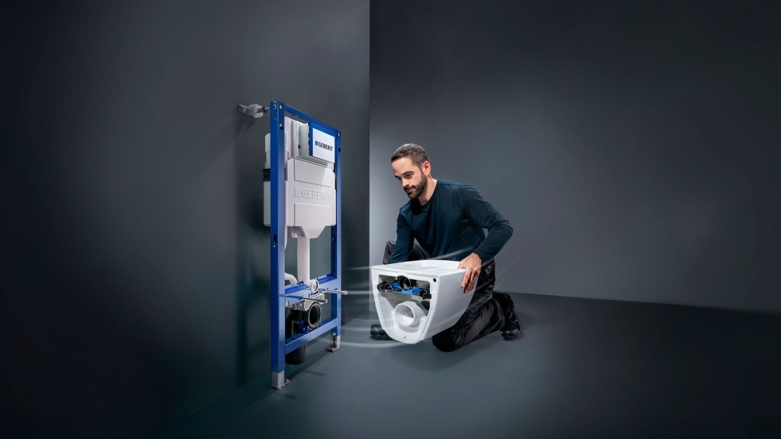 WC-system som monteras av installatörer bestående av Geberit Sigma inbyggnadsfixtur och Geberit Acanto toalett WC-system som monteras av installatörer bestående av Geberit Sigma inbyggnadsfixtur och Geberit Acanto toalett