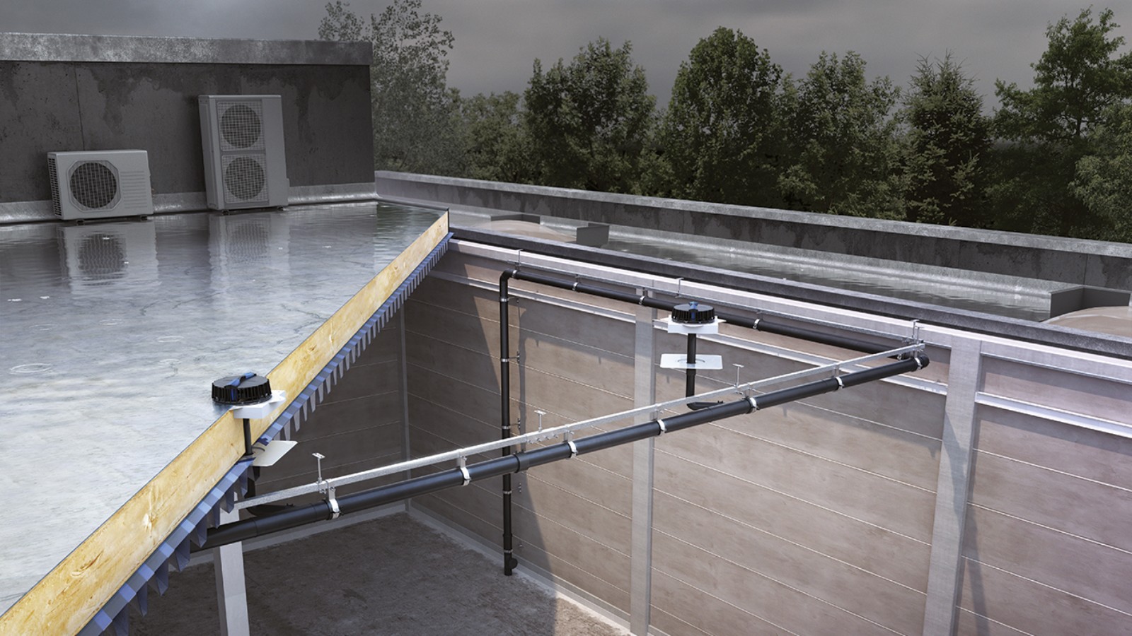Byggnad med komplett Geberit Pluvia system Byggnad med komplett Geberit Pluvia system