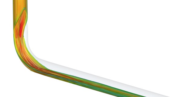 CFD-animationen visar hur lite impulsflödet i Geberit BottomTurn-böjen förlorar