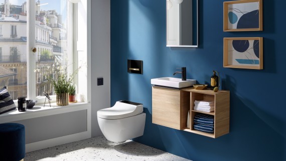Geberit iCon gästtoalett med ett litet tvättställ och underskåp Geberit iCon gästtoalett med ett litet tvättställ och underskåp