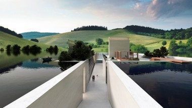 H.O.M.E. Haus 2022 från Hadi Teherani Architects mot en bakgrund av gröna kullar (©Bloomrealities/HTA für H.O.M.E. Haus 2022)