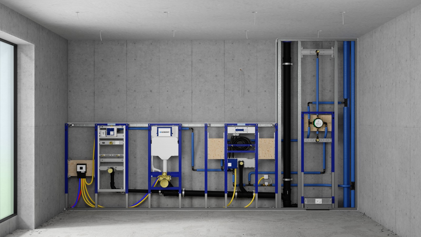 Installationsvägg med Geberit Duofix för urinal, WC och tvättställ