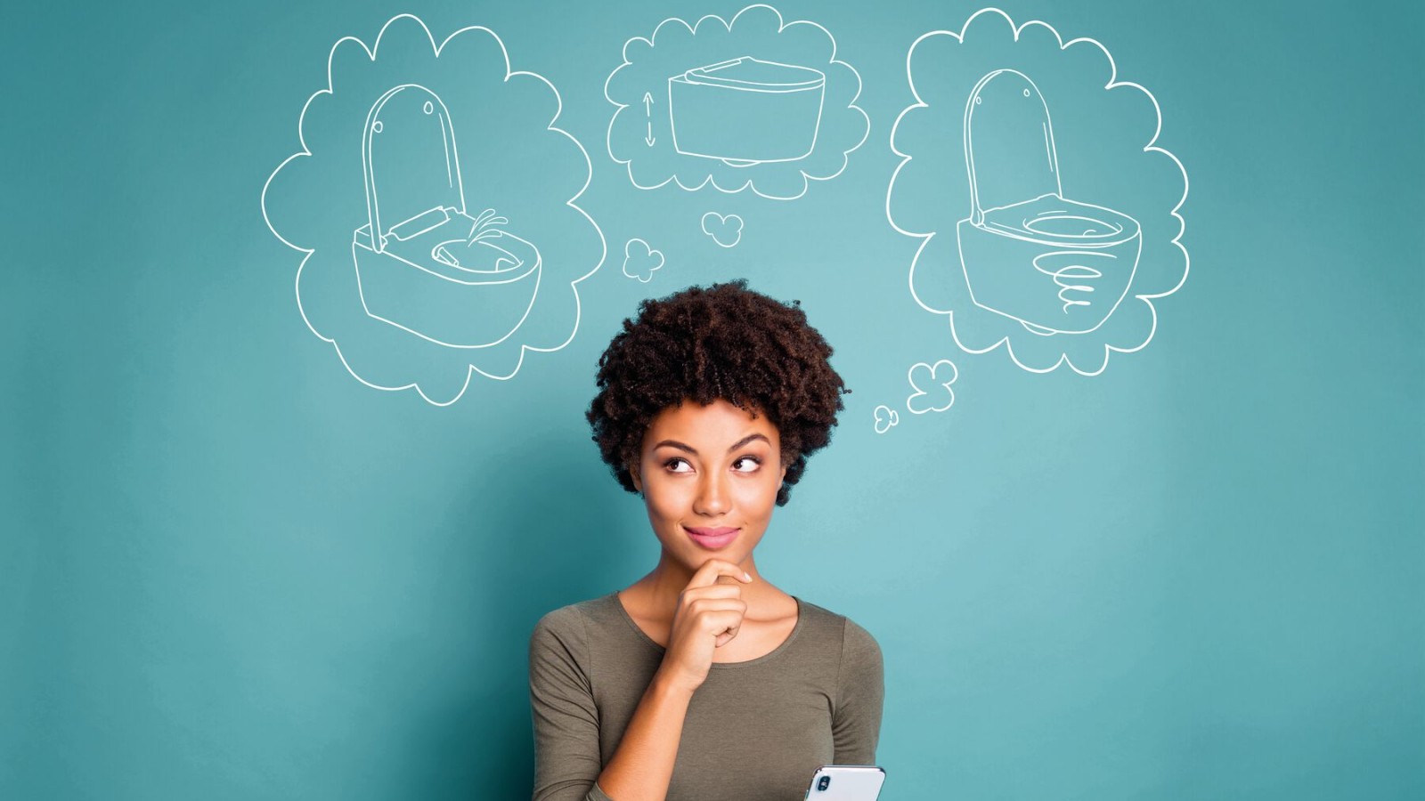 Kvinna som funderar på sin drömtoalett Kvinna som funderar på sin drömtoalett