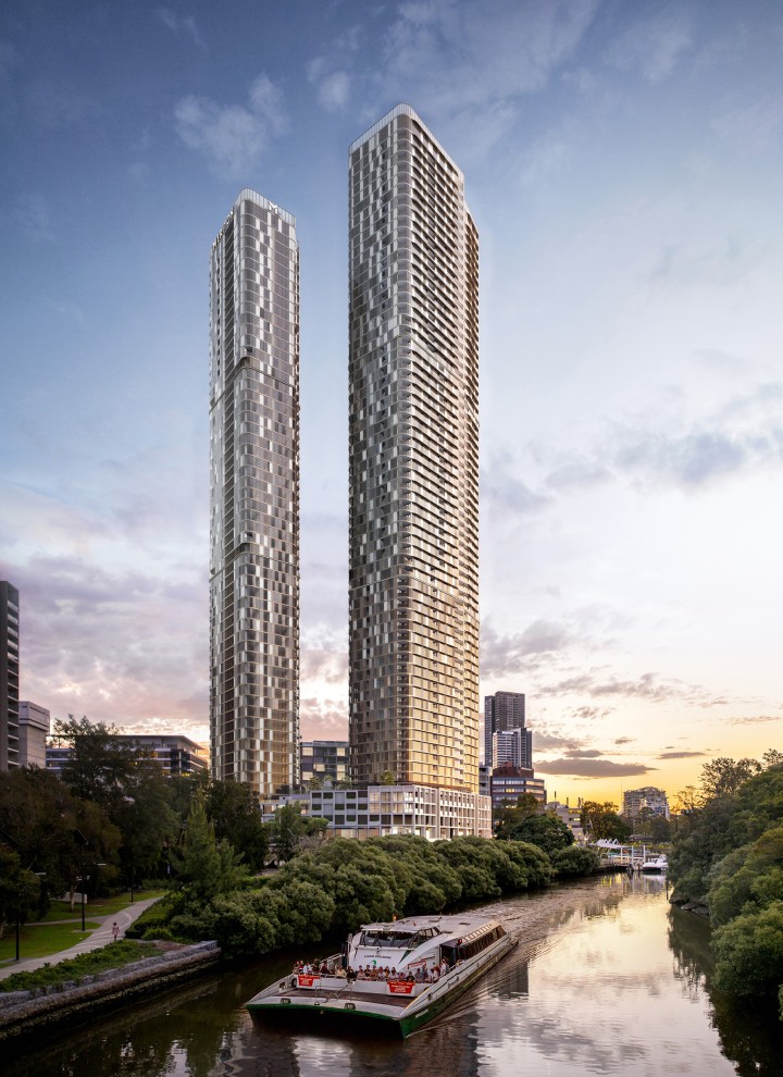 De två 180 George Towers tornar upp sig över Sydneys västra förorter (© Meriton Group)