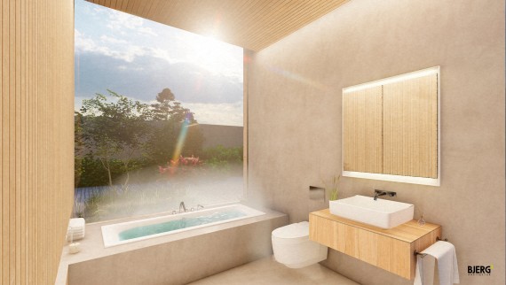 Man ska känna en känsla av lugn och stillhet i det 6 kvadratmeter stora badrummet (© Bjerg Arkitektur)