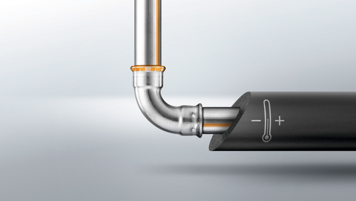 Geberit Mapress Therm - rördelar och isolering med symboler för varmt och kallt