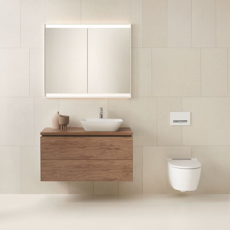 En behaglig färgskala i ett Geberit badrum En behaglig färgskala i ett Geberit badrum