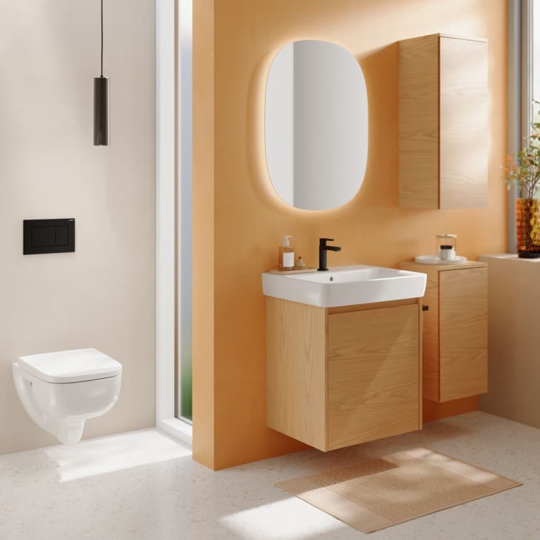 Geberit Option Oval spegel med Geberit badrumsmöbler Geberit Option Oval spegel med Geberit badrumsmöbler