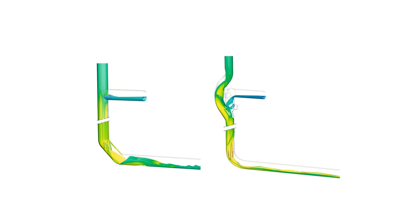 Att ändra riktning med två Geberit Silent-db20 160 mm 45°-böjar, som illustreras till vänster, får vattnet i röret att rotera, vilket bidrar till att minska bullret. Däremot omvandlar Geberit Silent-db20 BottomTurn-böjen, som illustreras till höger, det roterande flödet från stammen till ett skiktat flöde. Att ändra riktning med två Geberit Silent-db20 160 mm 45°-böjar, som illustreras till vänster, får vattnet i röret att rotera, vilket bidrar till att minska bullret. Däremot omvandlar Geberit Silent-db20 BottomTurn-böjen, som illustreras till höger, det roterande flödet från stammen till ett skiktat flöde.