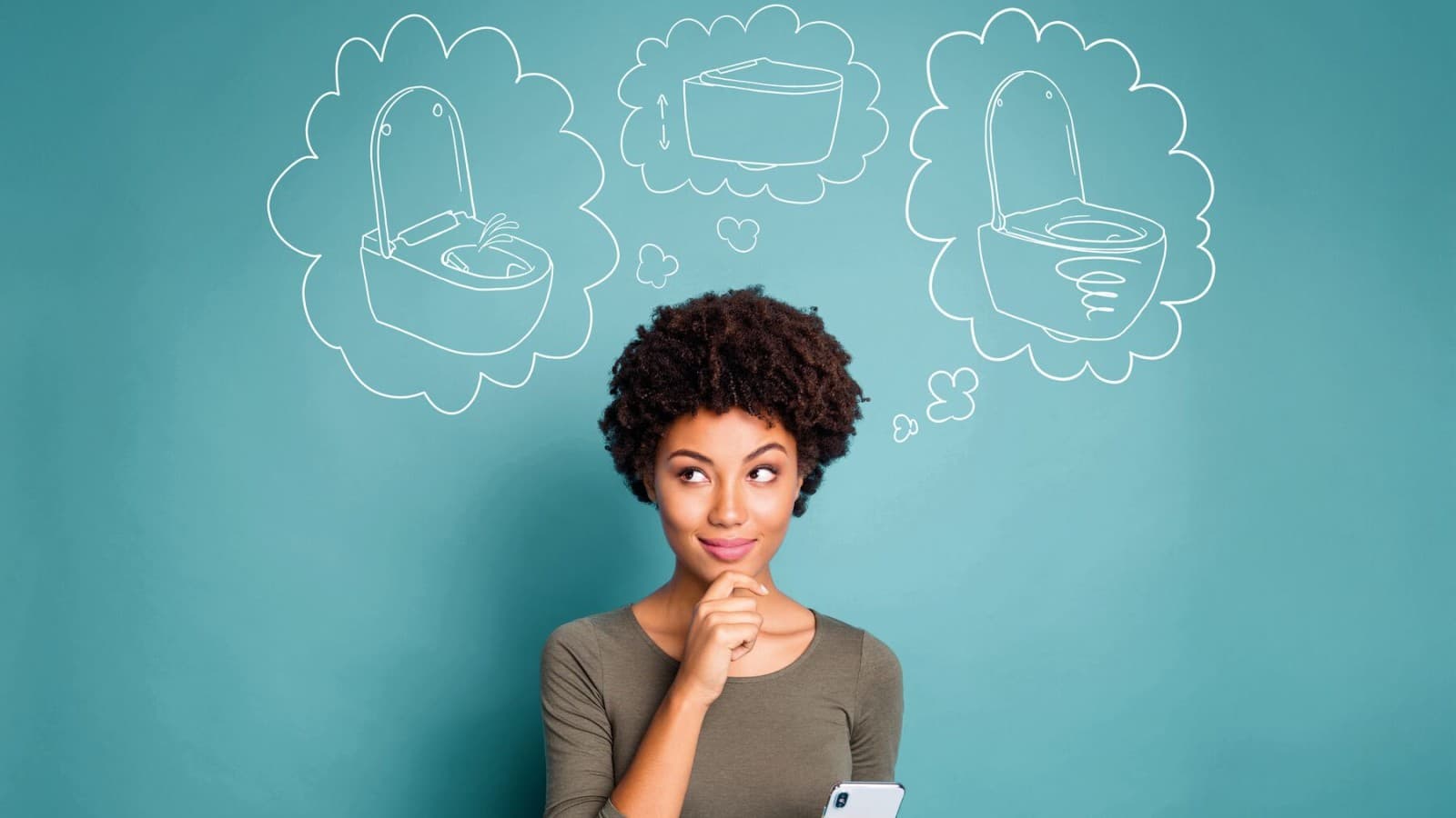 Kvinna som funderar på sin drömtoalett Kvinna som funderar på sin drömtoalett